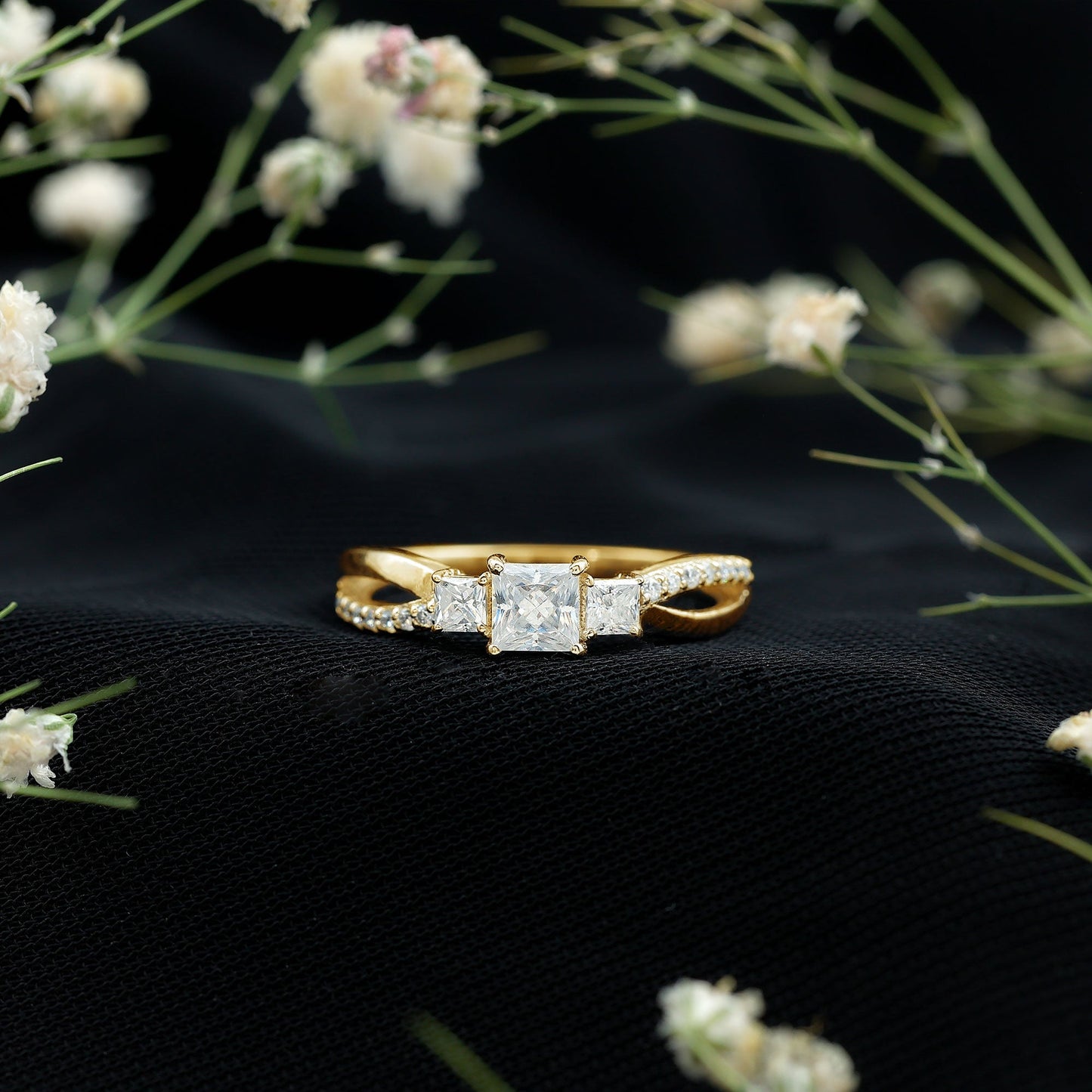 Princess Cut Moissanite Three Stone Engagement Ring