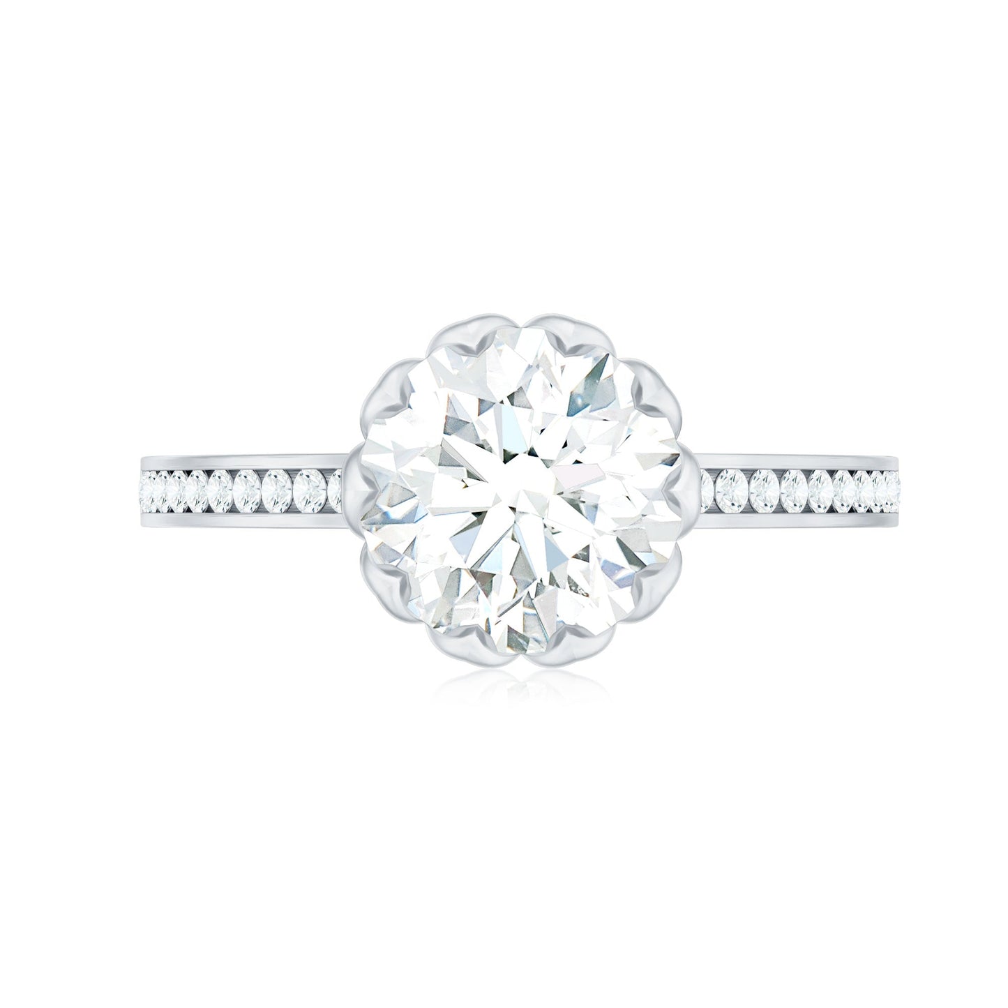 Round Moissanite Lotus Engagement Ring with Side Stones