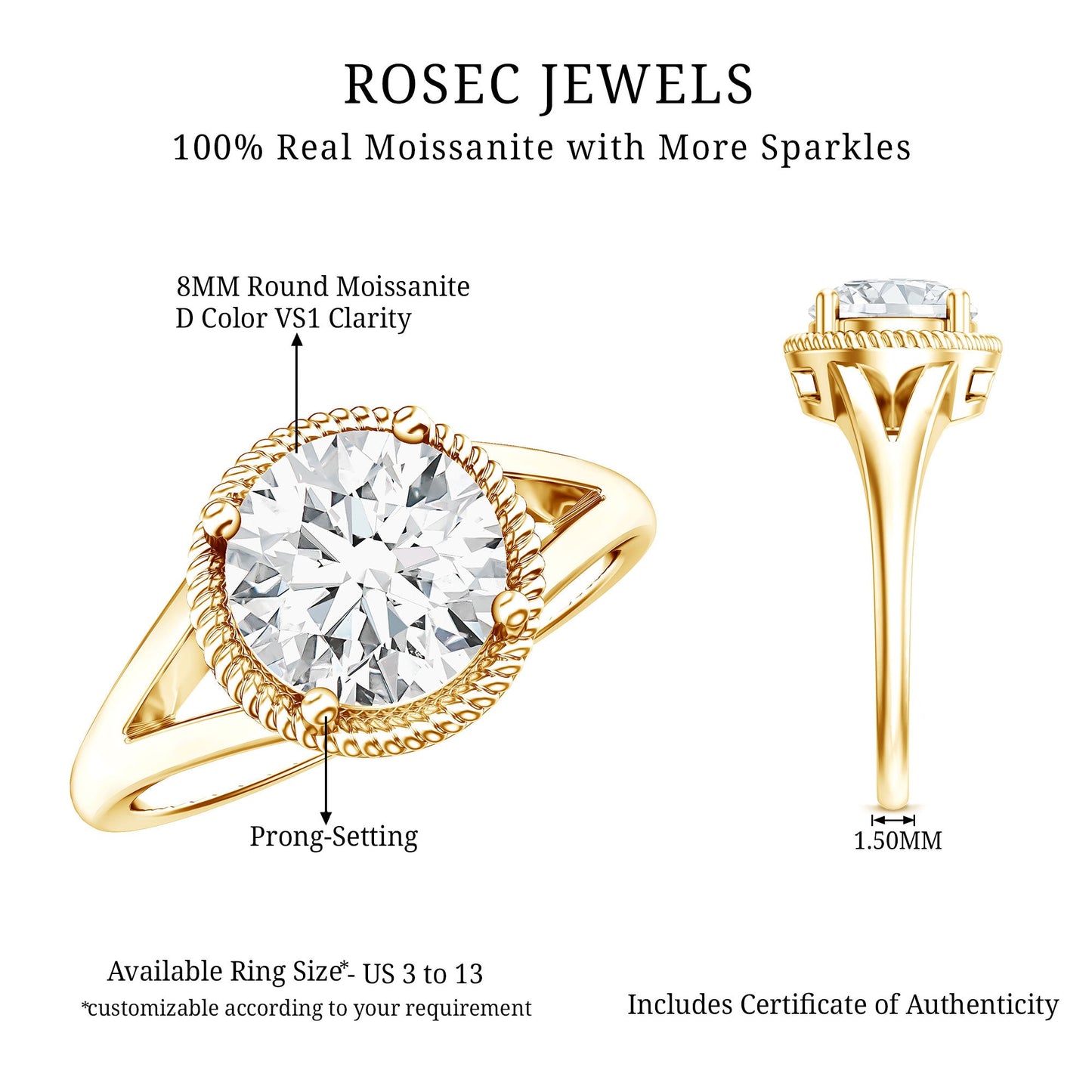 2 CT Round Moissanite Rope Band Engagement Ring