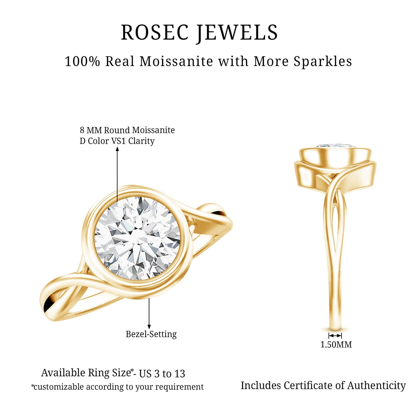 Certified Moissanite Bezel Set Engagement Ring with Crossover Shank