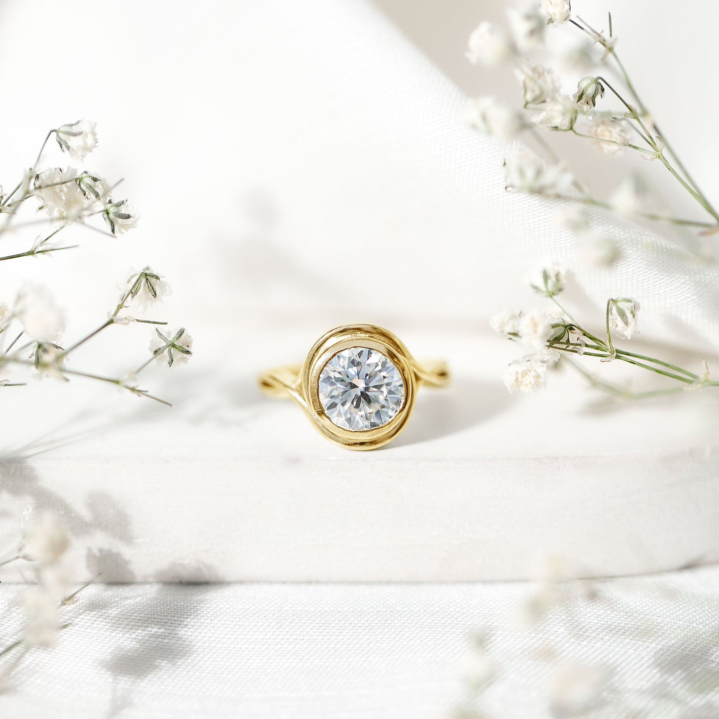 Certified Moissanite Bezel Set Engagement Ring with Crossover Shank
