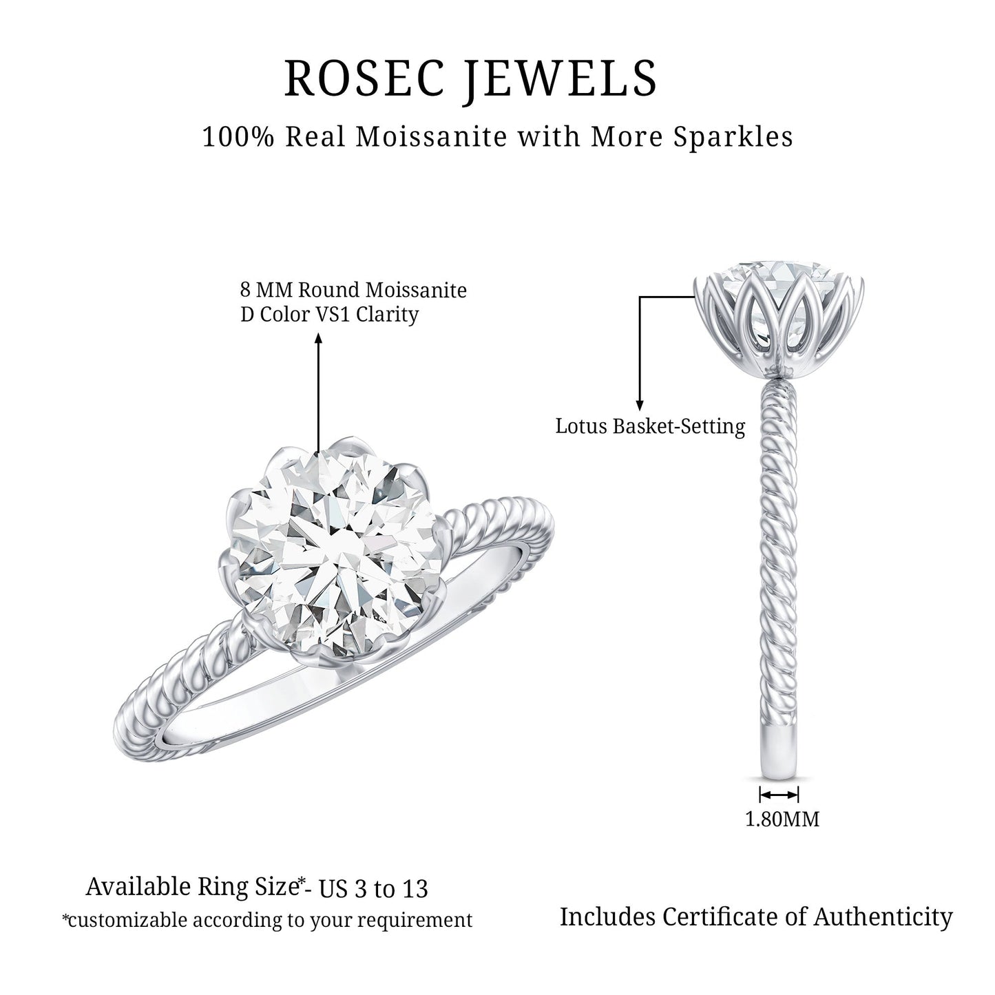 2 CT Moissanite Engagement Ring with Twisted Rope Band