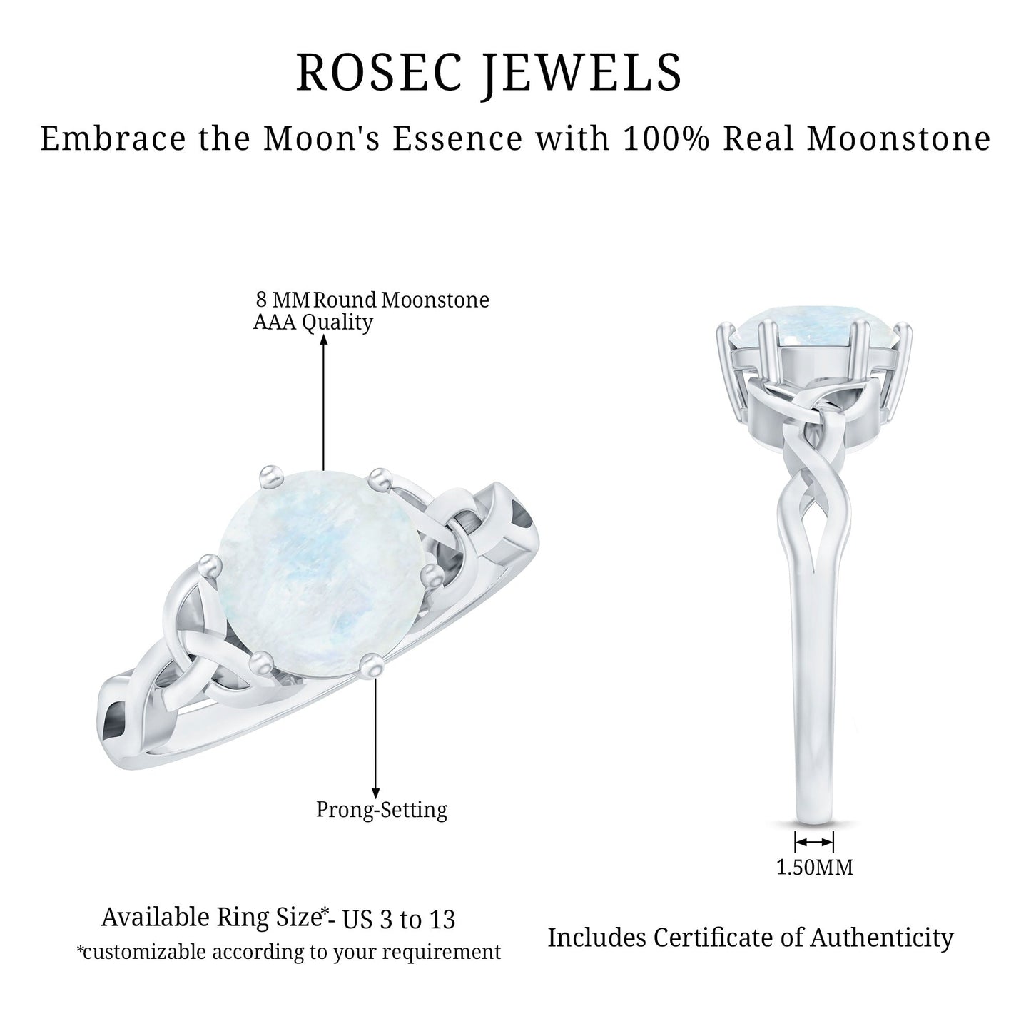 Genuine Moonstone Celtic Engagement Ring for Women
