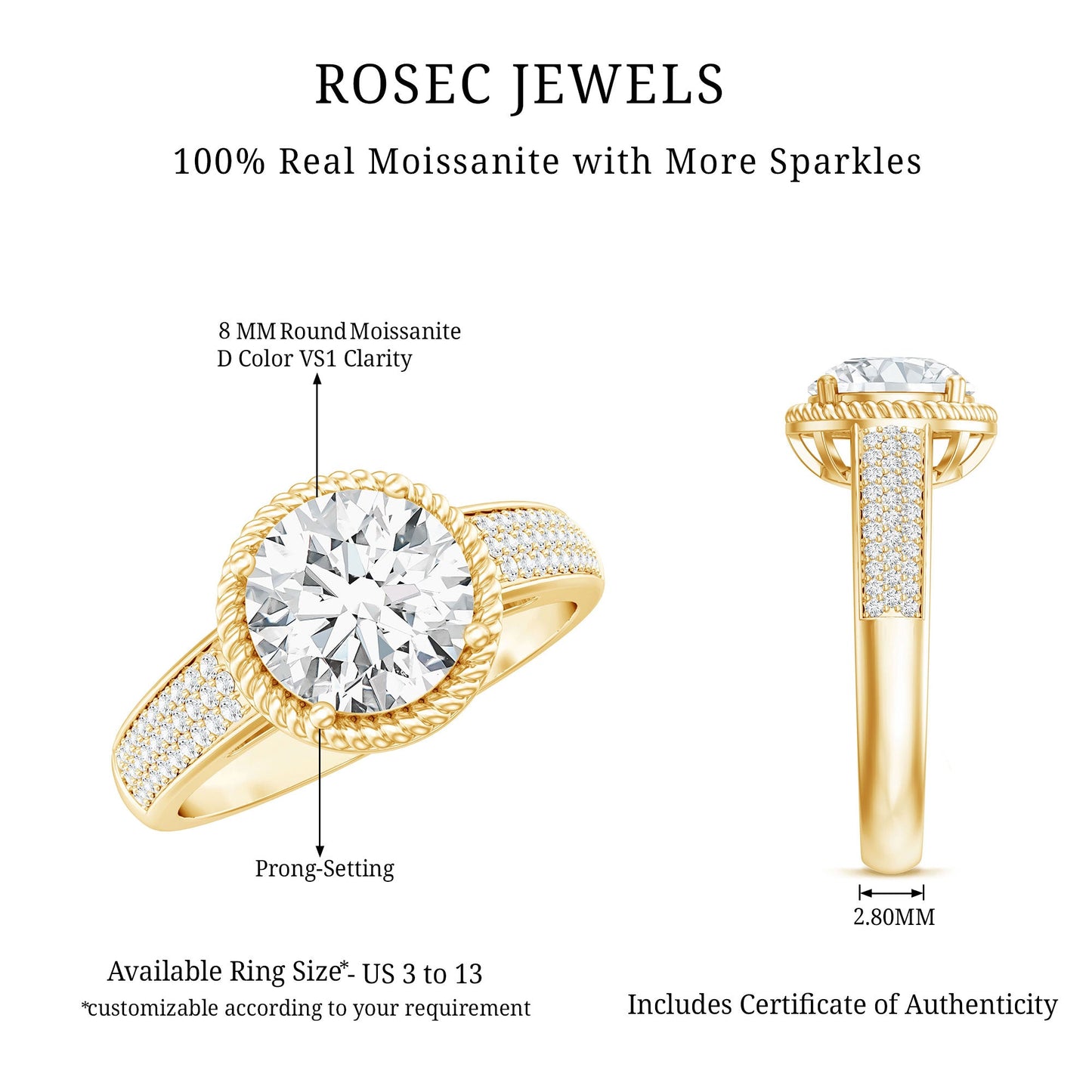 2 Carat Moissanite Round Cut Engagement Ring With Side Stones