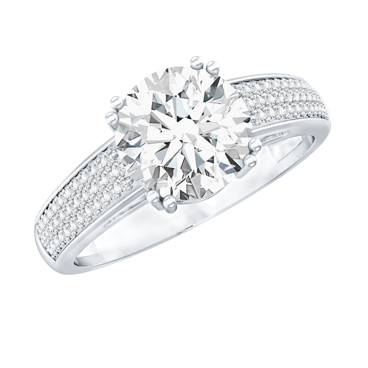 Round Moissanite Engagement Ring with Pave Set Side Stones