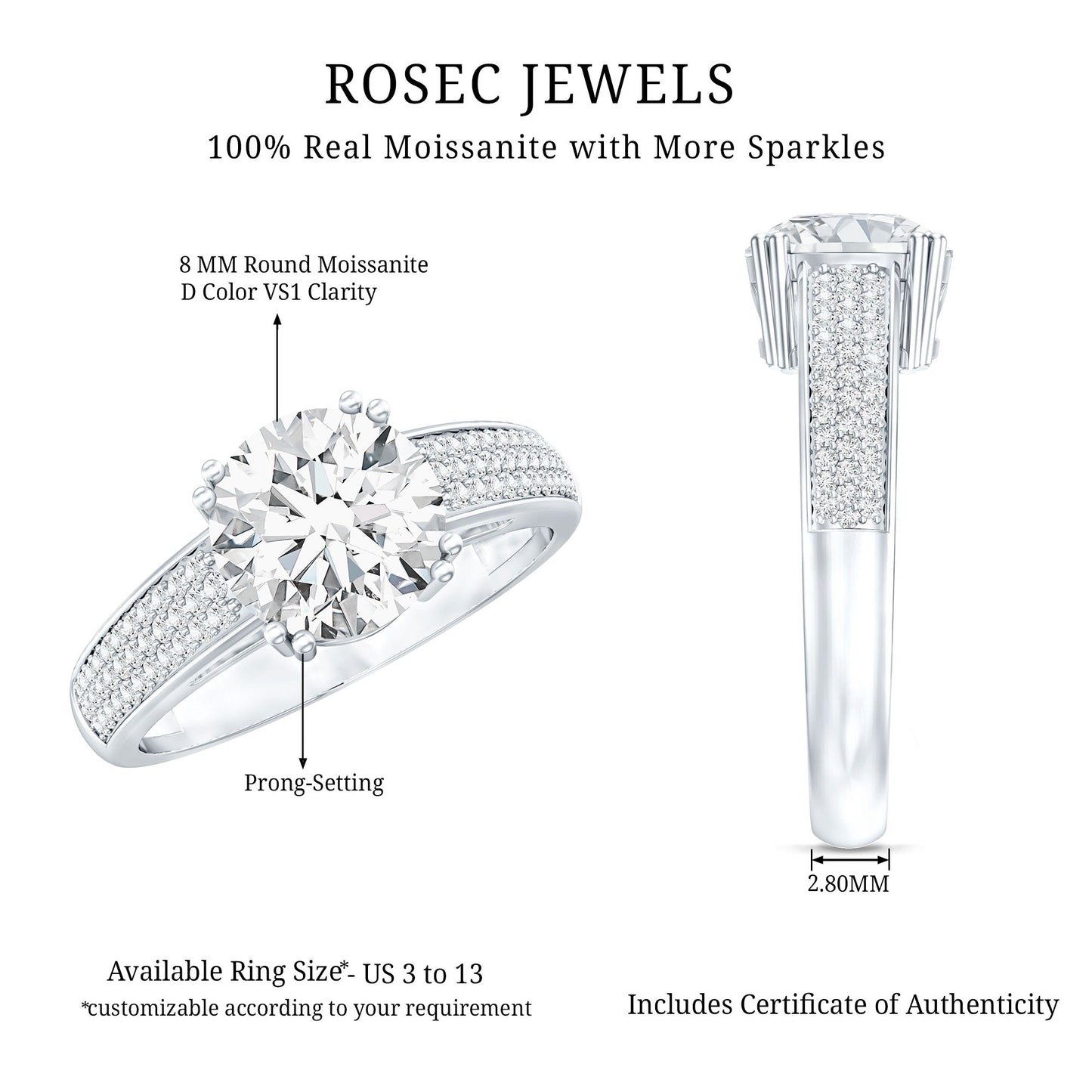 Round Moissanite Engagement Ring with Pave Set Side Stones
