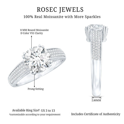Round Moissanite Engagement Ring with Pave Set Side Stones