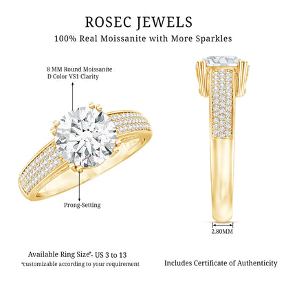 Round Moissanite Engagement Ring with Pave Set Side Stones