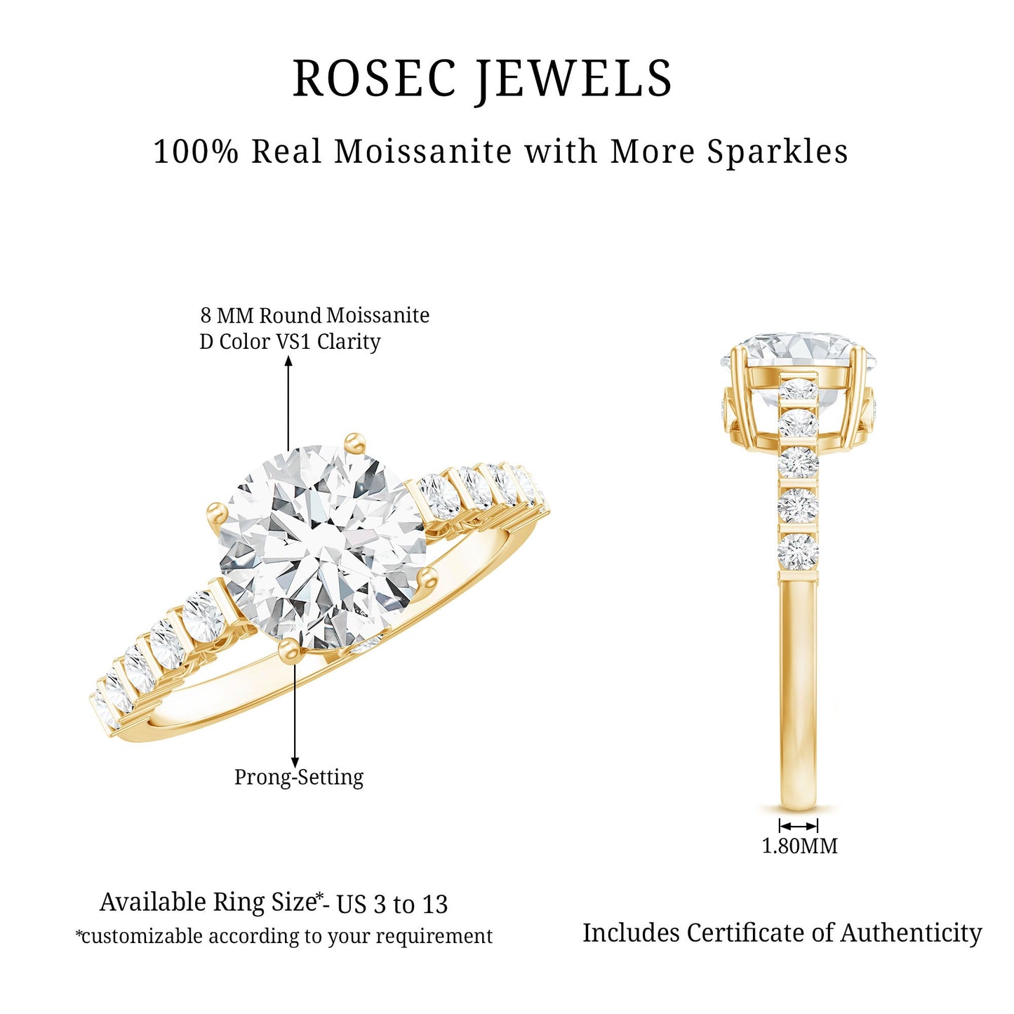 Solitaire Moissanite Engagement Ring with Side Stones