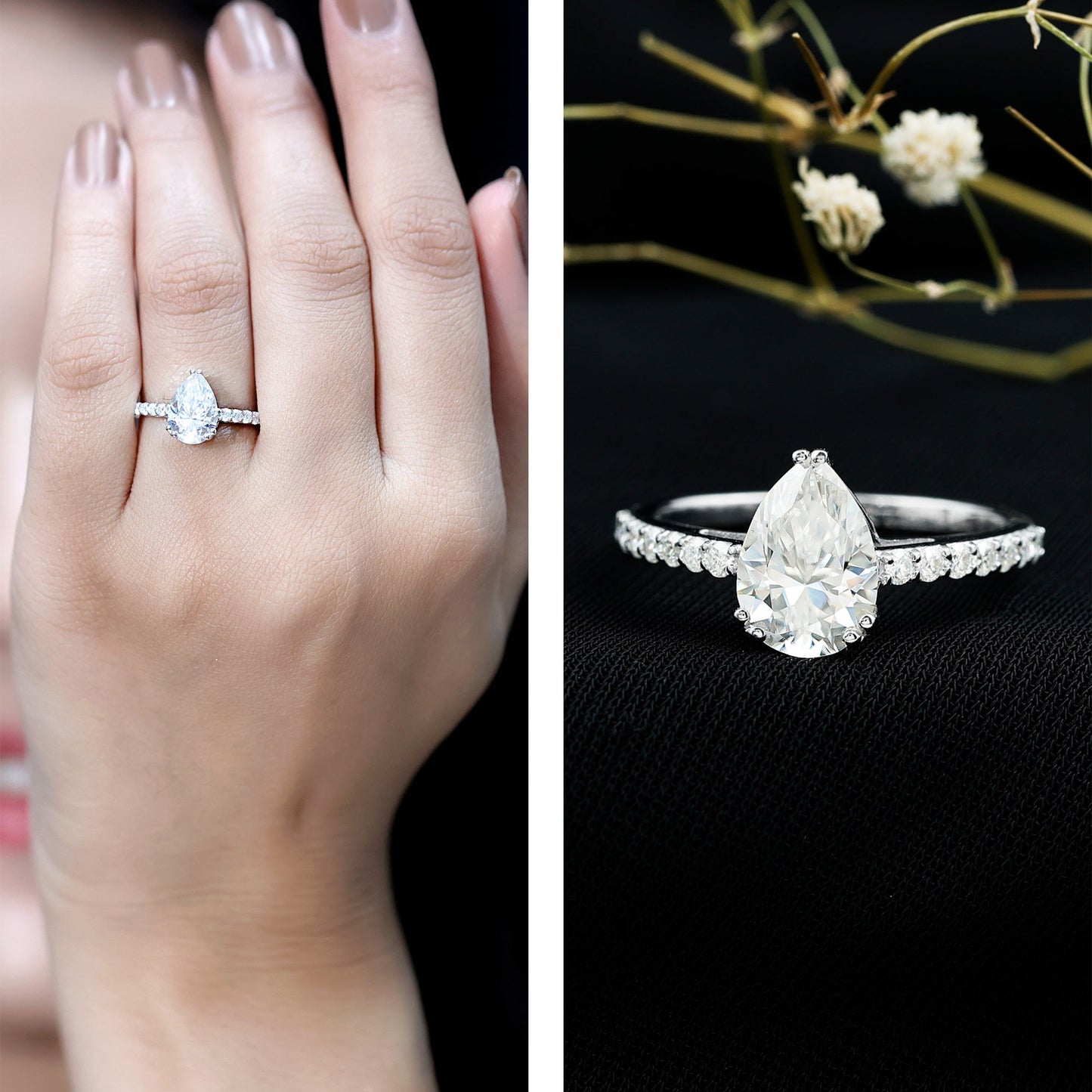 Certified 2 Carat Moissanite Pear Shaped Engagement Ring with Side Stones