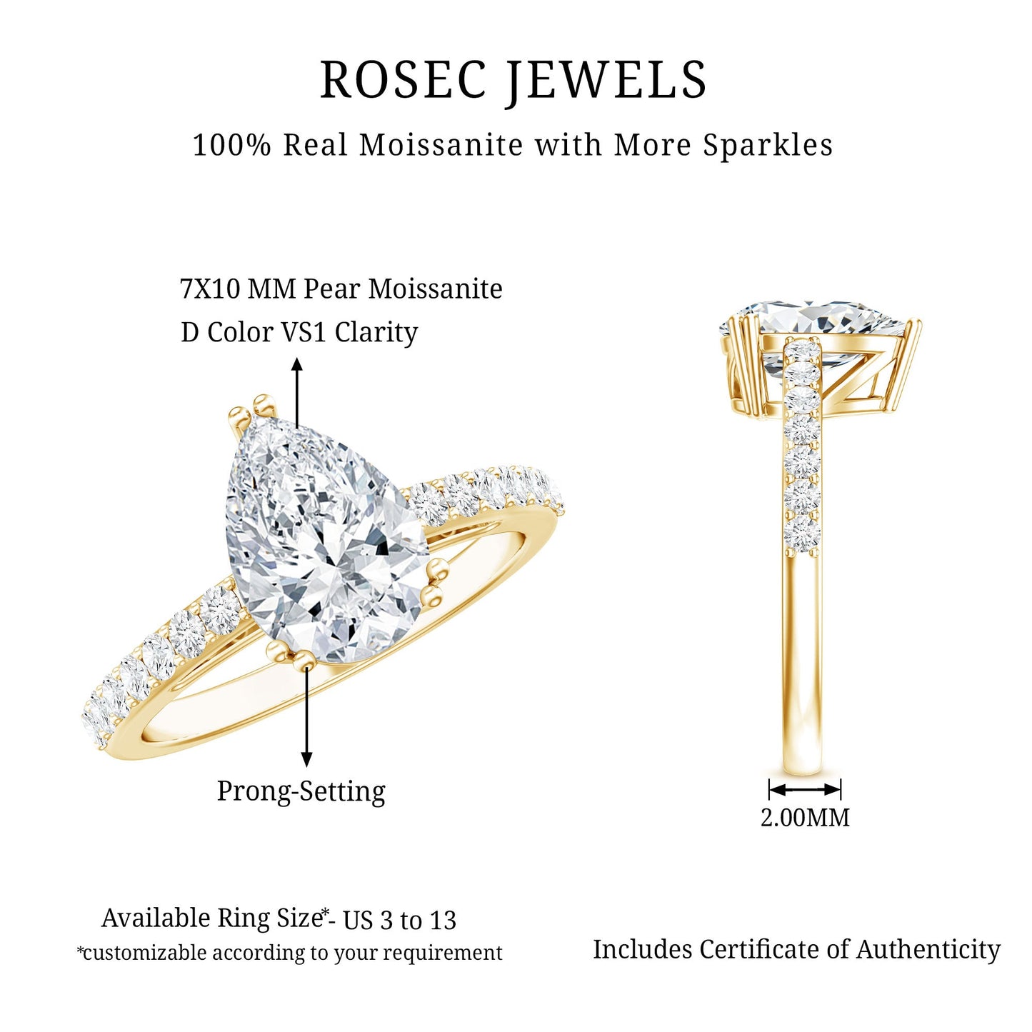 Certified 2 Carat Moissanite Pear Shaped Engagement Ring with Side Stones