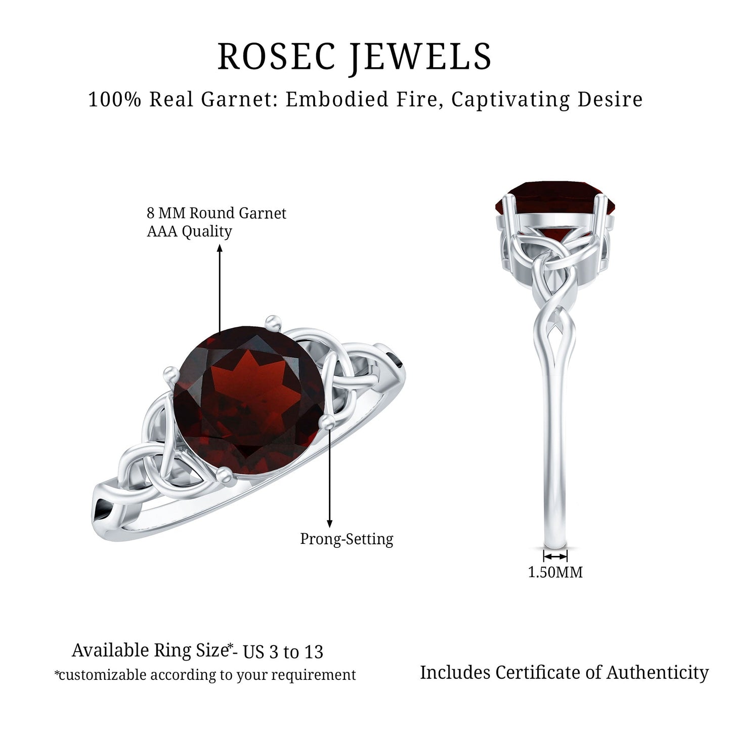 2.3 Carat Real Garnet Solitaire Engagement Ring with Celtic Knot