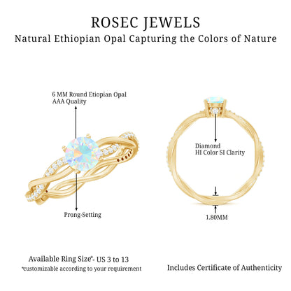 Certified Real Ethiopian Opal Diamond Pre Engagement Ring with Braided Shank