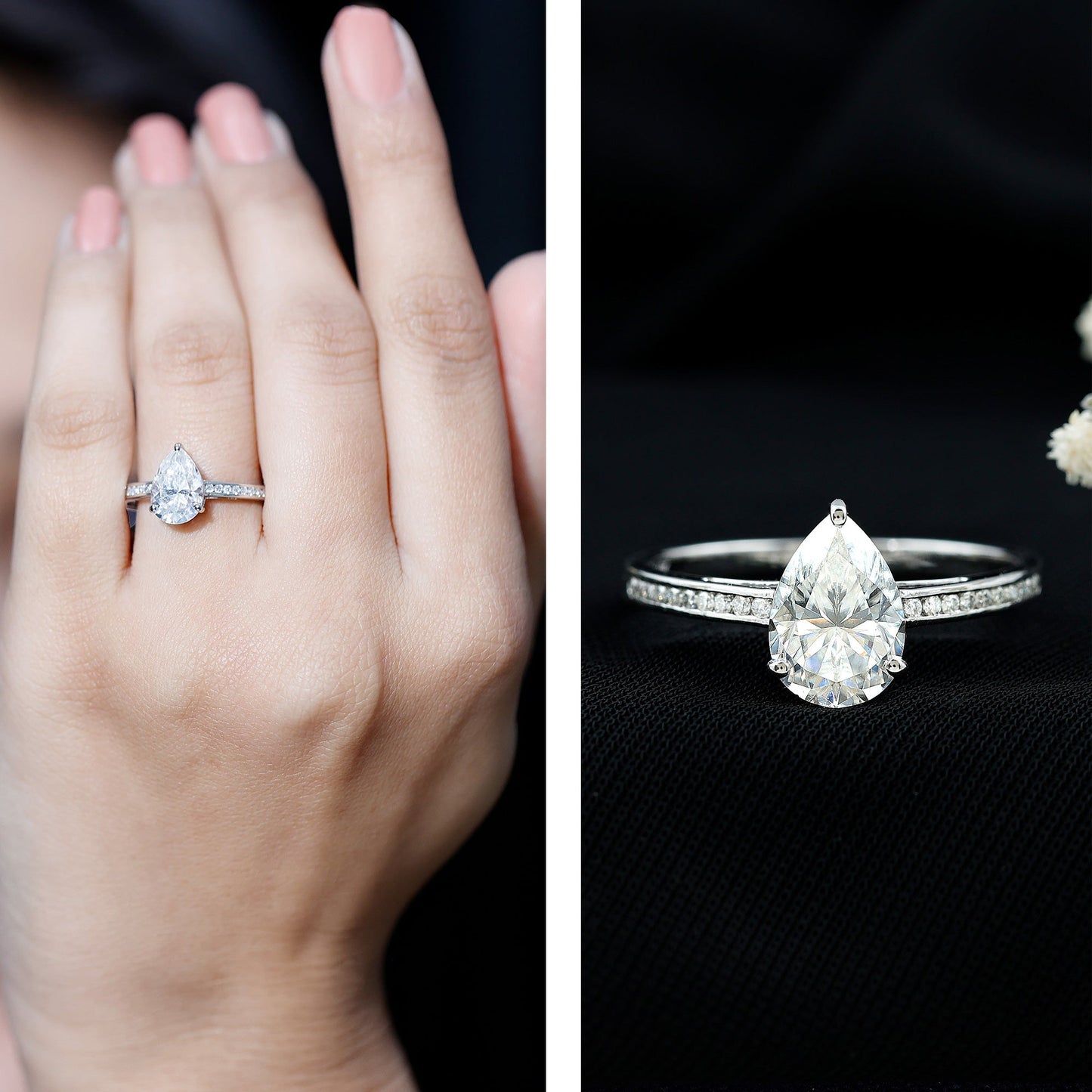 Solitaire Moissanite Pear Engagement Ring with Certificate