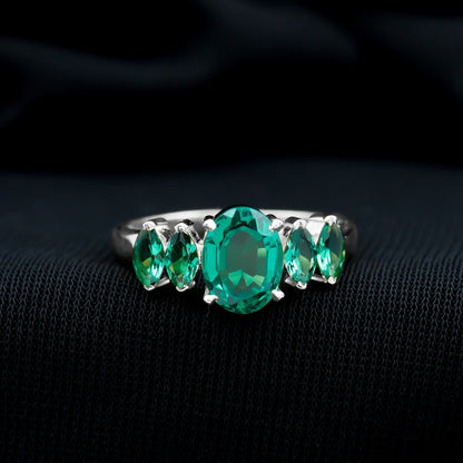 Oval and Marquise Cut Lab Created Emerald Five Stone Ring