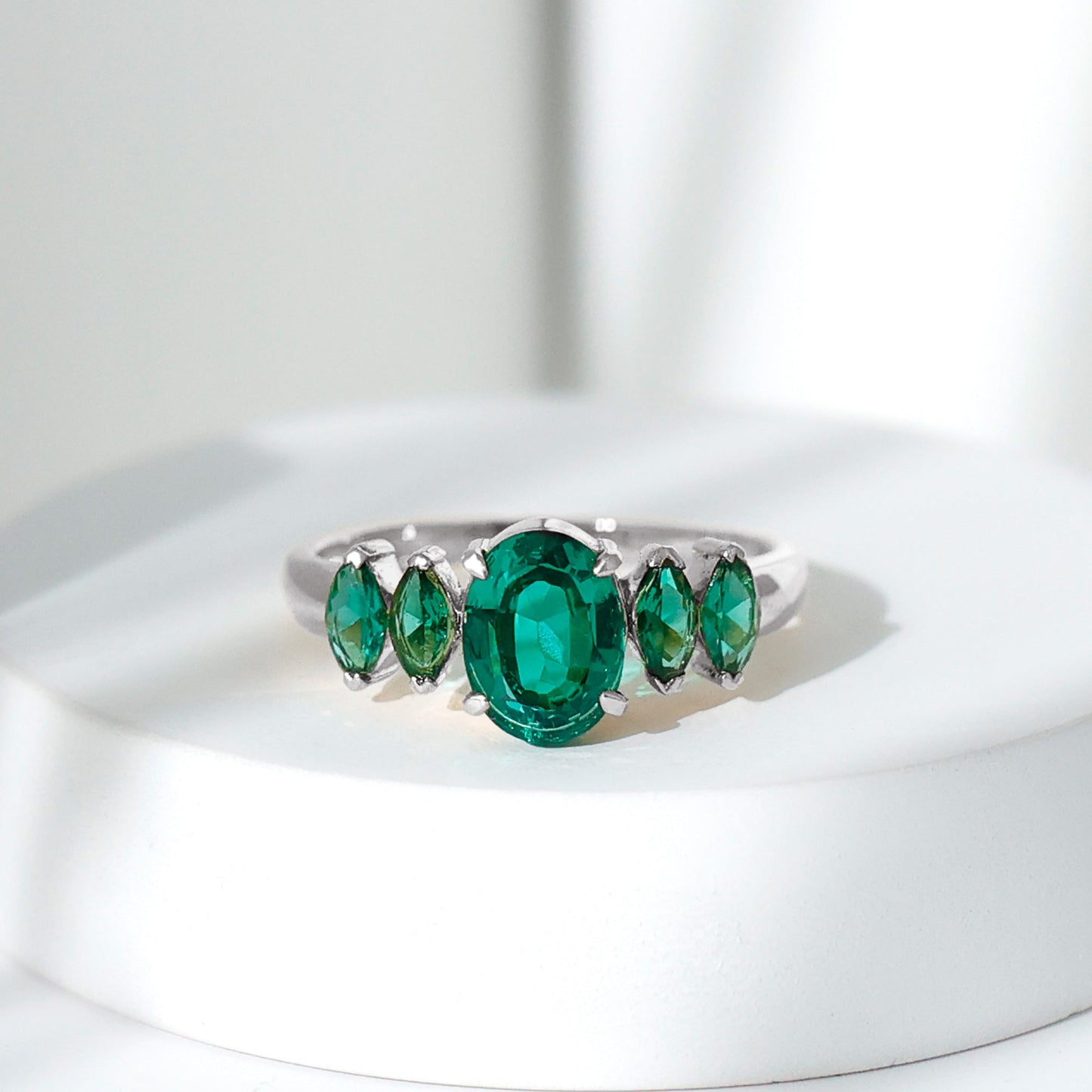 Oval and Marquise Cut Lab Created Emerald Five Stone Ring
