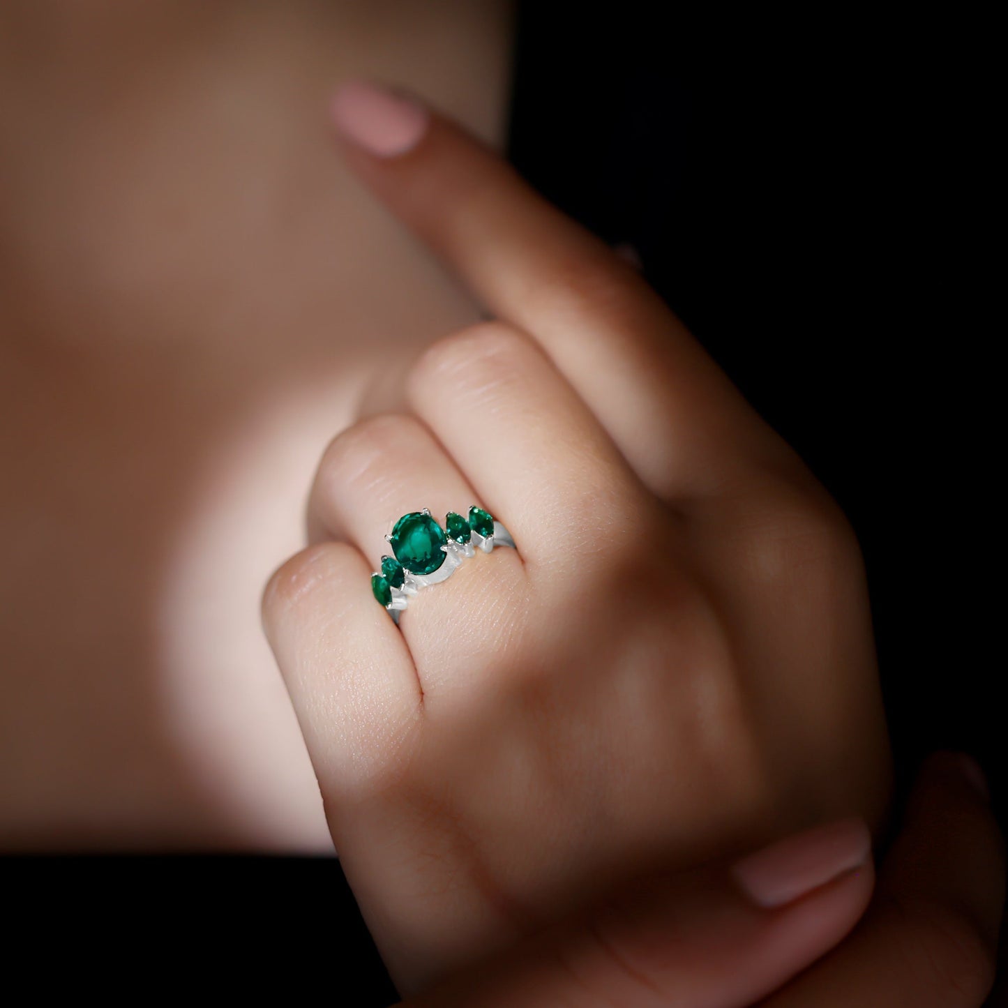 Oval and Marquise Cut Lab Created Emerald Five Stone Ring