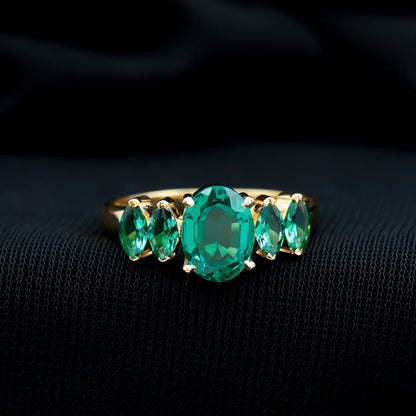 Oval and Marquise Cut Lab Created Emerald Five Stone Ring