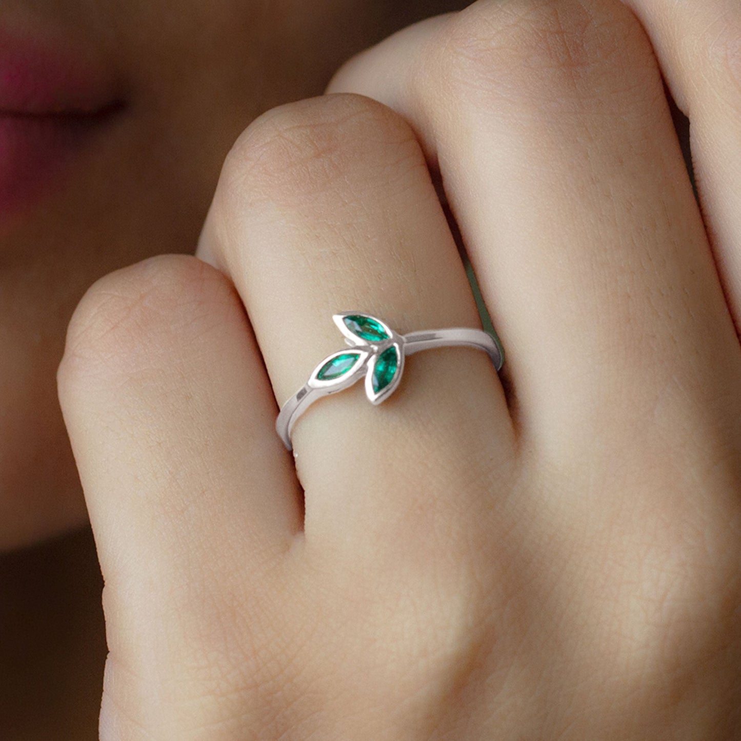 Marquise Cut Emerald Leaf Promise Ring in Bezel Setting
