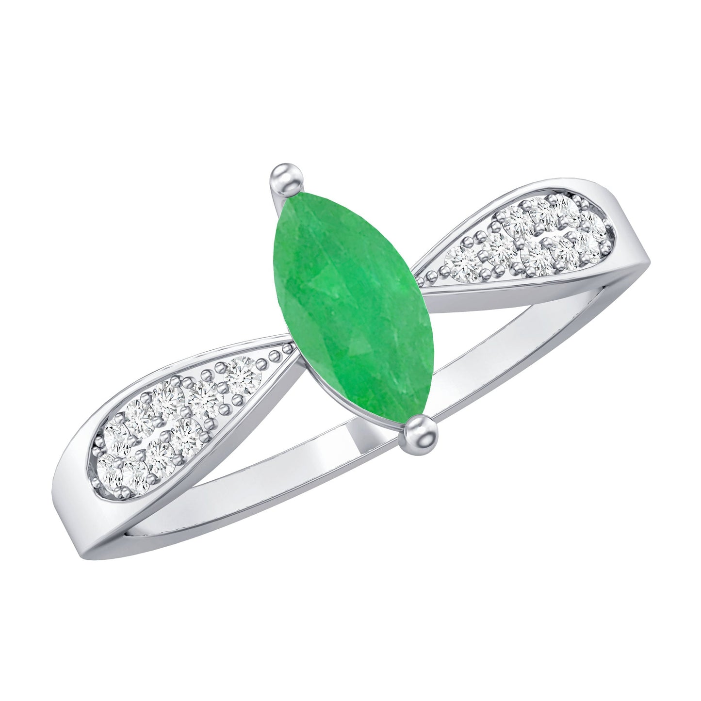 Genuine Emerald Diamond Marquise Engagement Ring with Pinched Shank