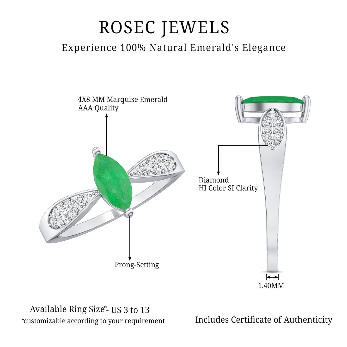 Genuine Emerald Diamond Marquise Engagement Ring with Pinched Shank