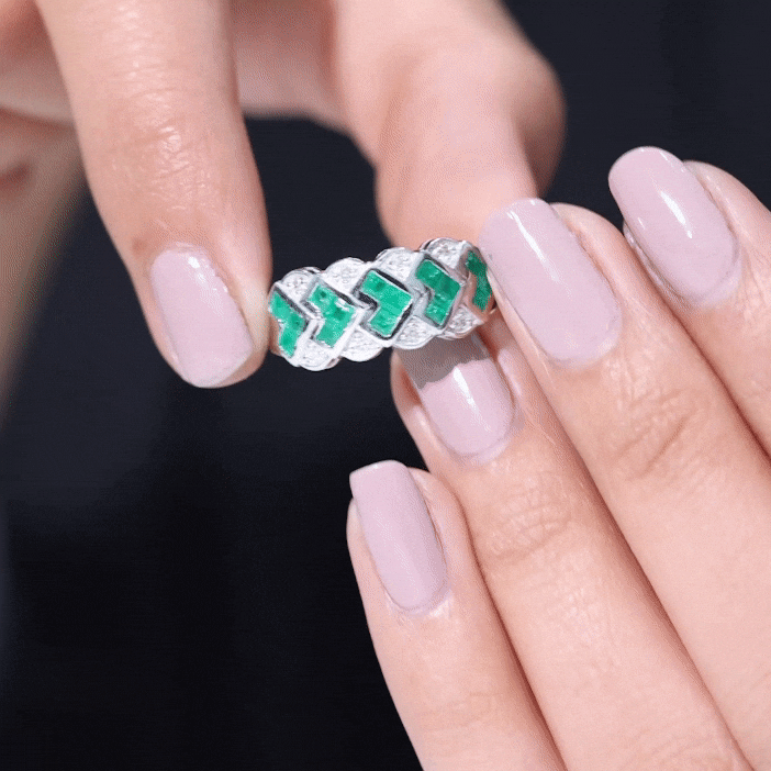Princess Cut Emerald Statement Wedding Band with Diamonds