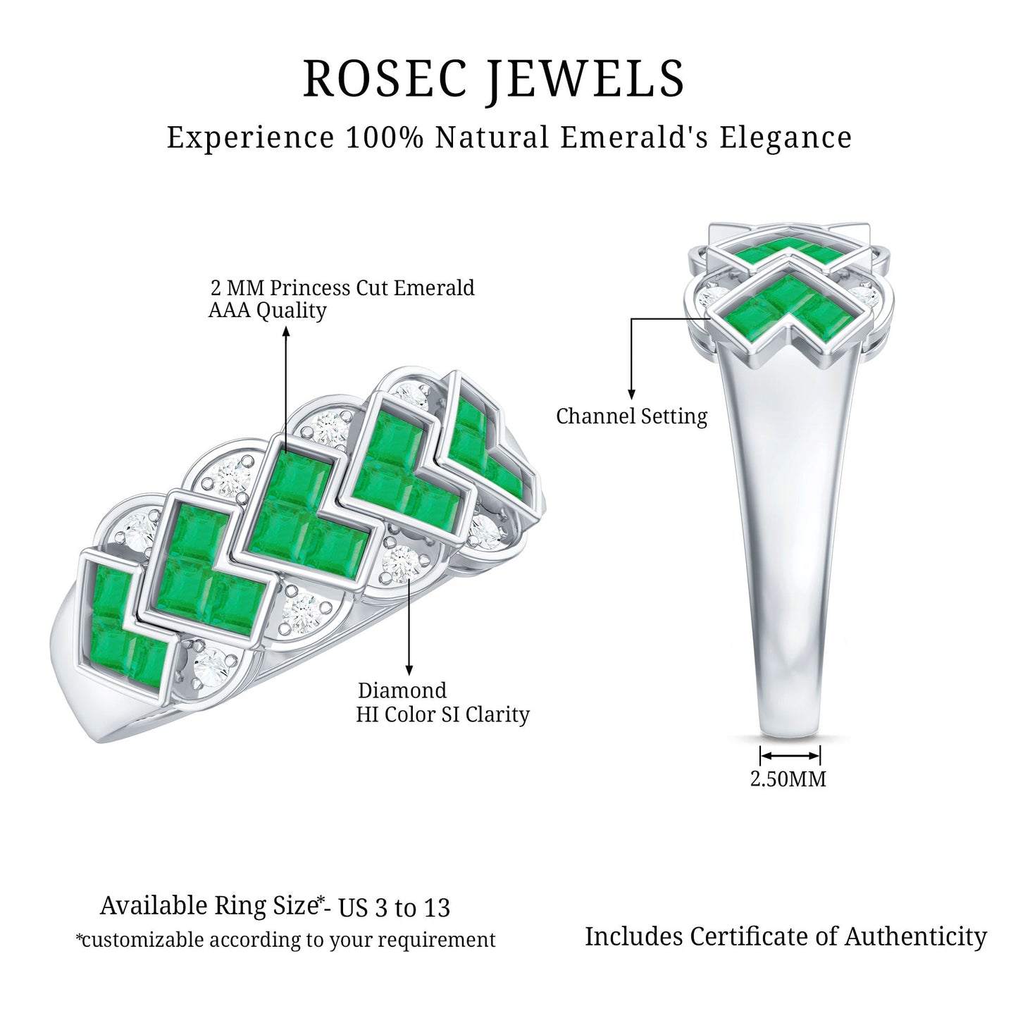 Princess Cut Emerald Statement Wedding Band with Diamonds
