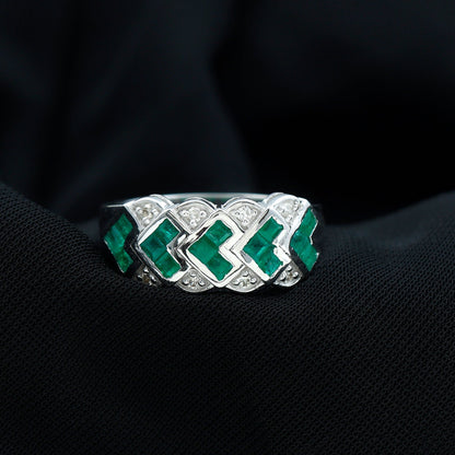Princess Cut Emerald Statement Wedding Band with Diamonds