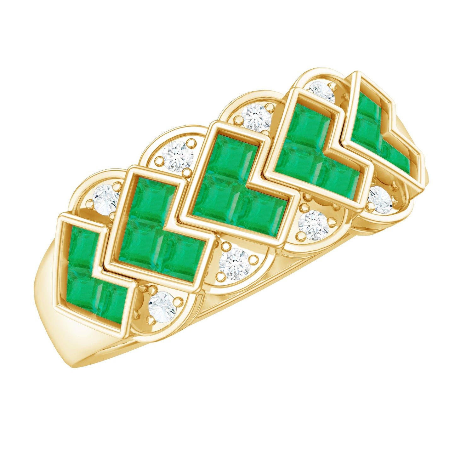 Princess Cut Emerald Statement Wedding Band with Diamonds