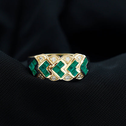 Princess Cut Emerald Statement Wedding Band with Diamonds