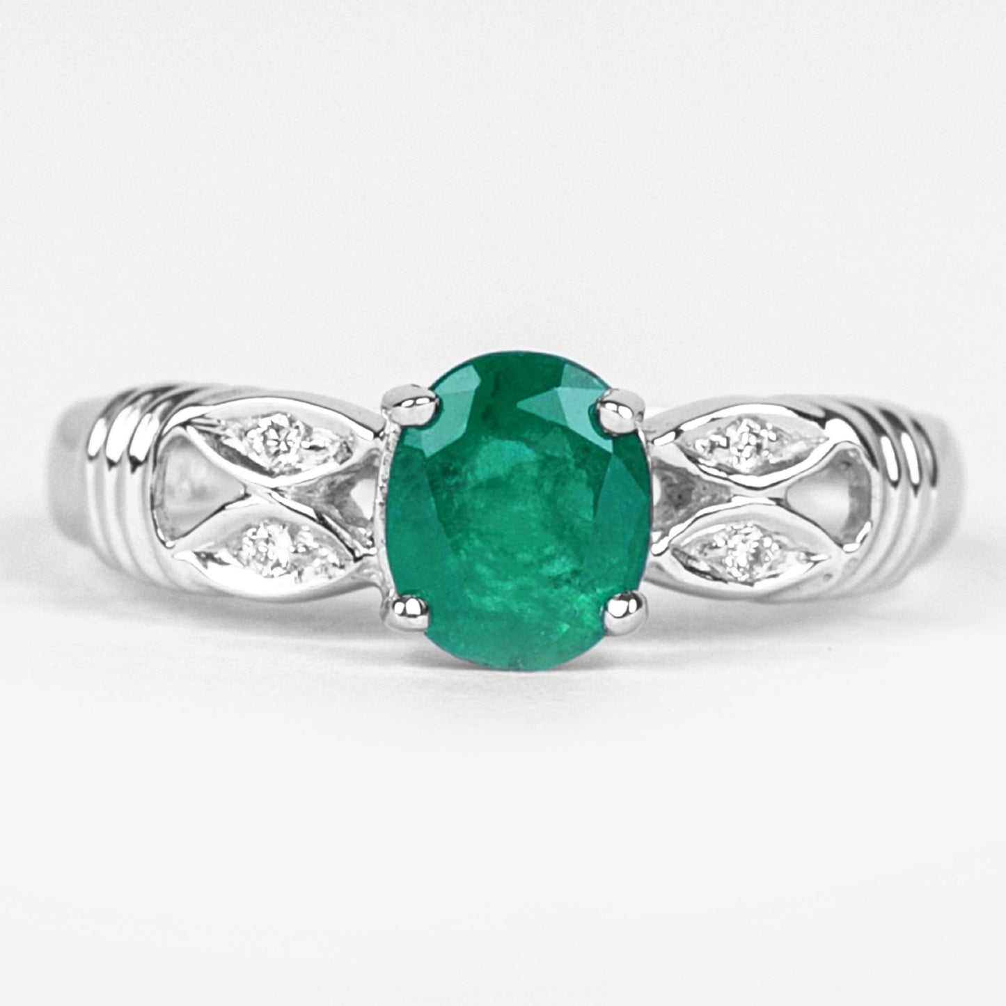 Real Oval Emerald Solitaire Engagement Ring with Diamond