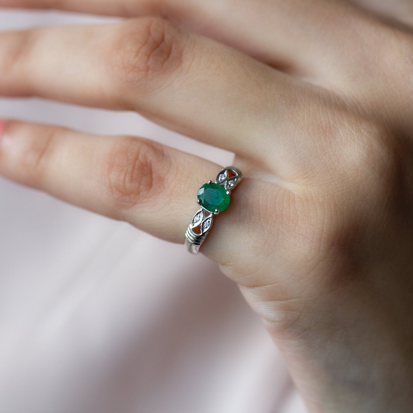 Real Oval Emerald Solitaire Engagement Ring with Diamond