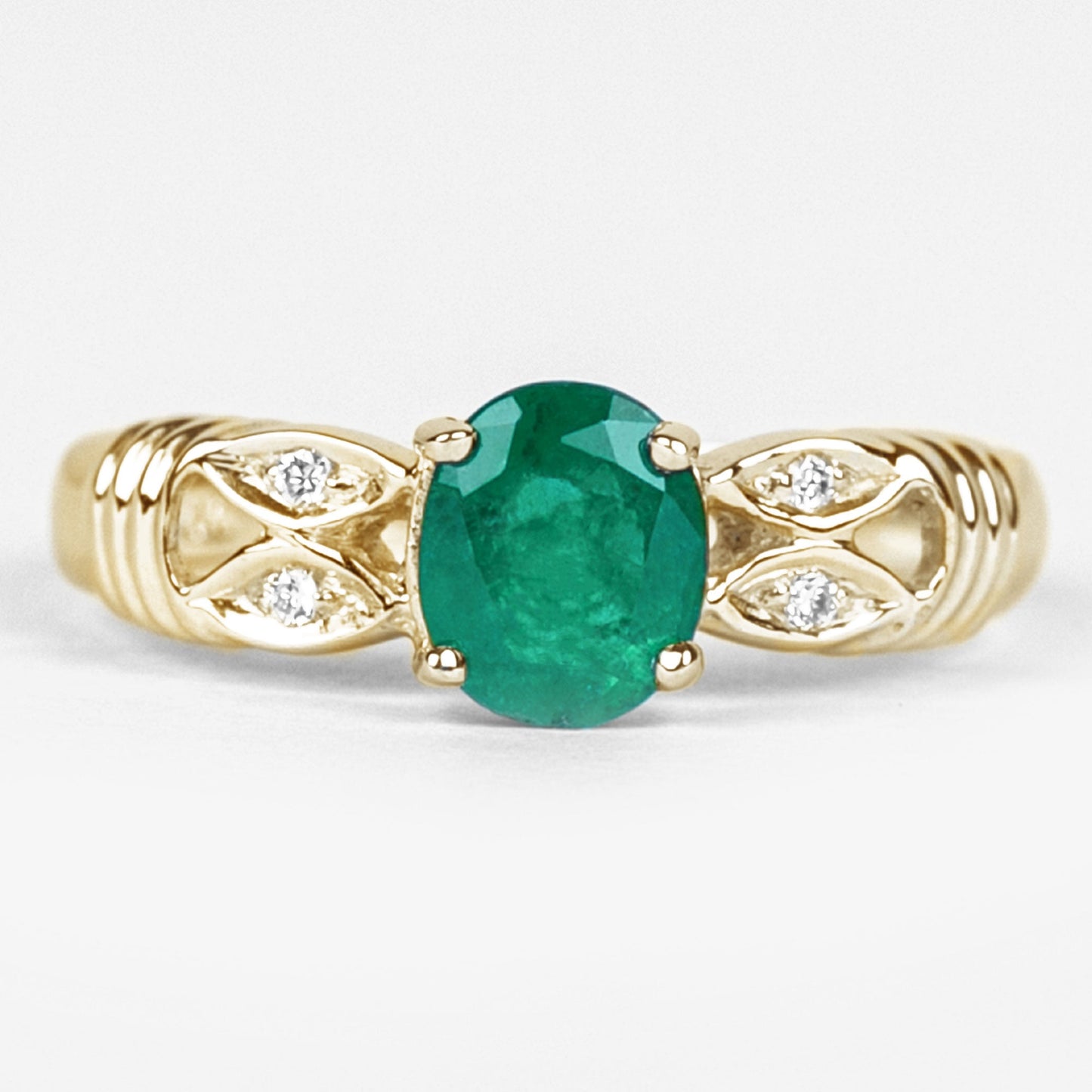 Real Oval Emerald Solitaire Engagement Ring with Diamond