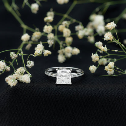 Solitaire Moissanite Princess Cut Engagement Ring with Side Stones