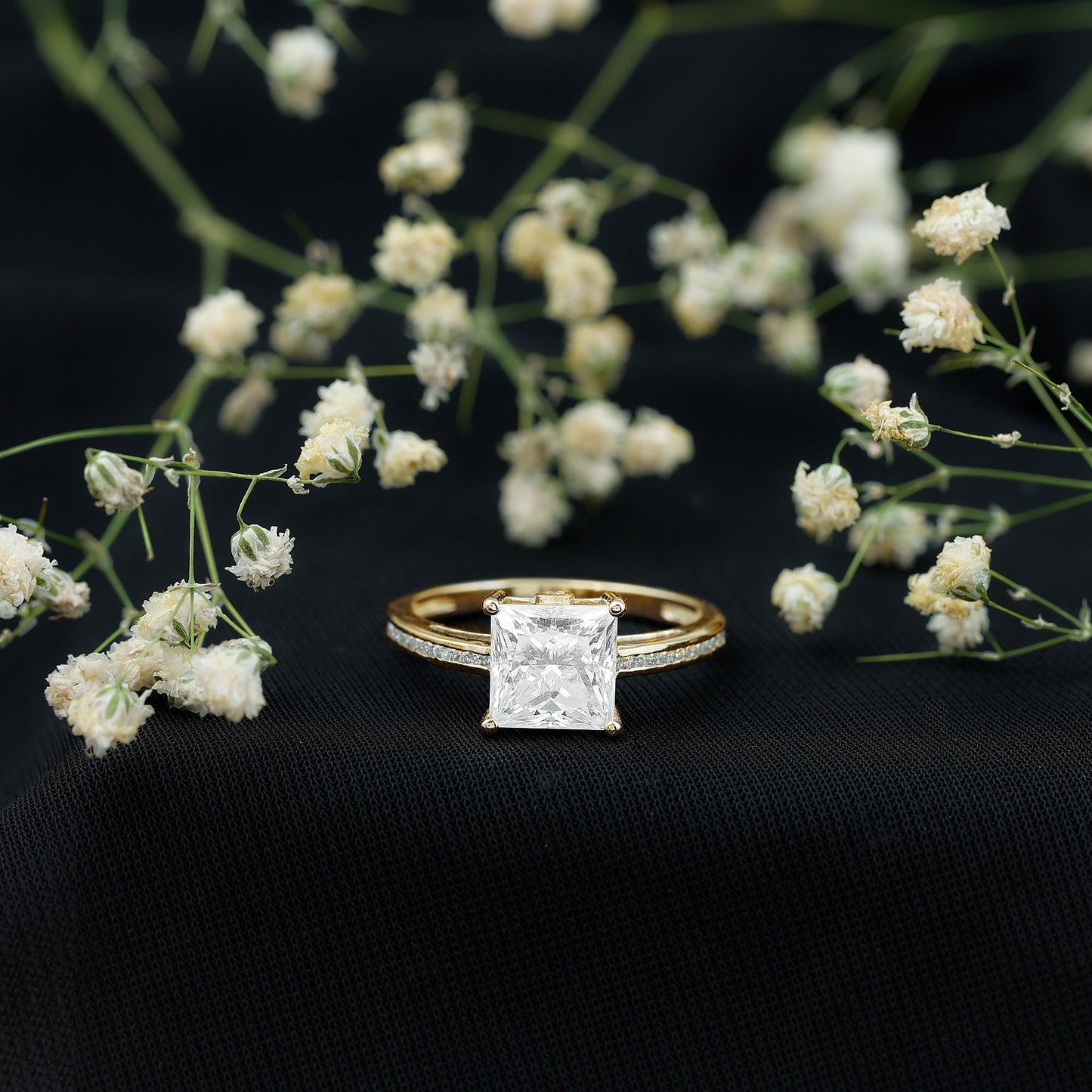 Solitaire Moissanite Princess Cut Engagement Ring with Side Stones