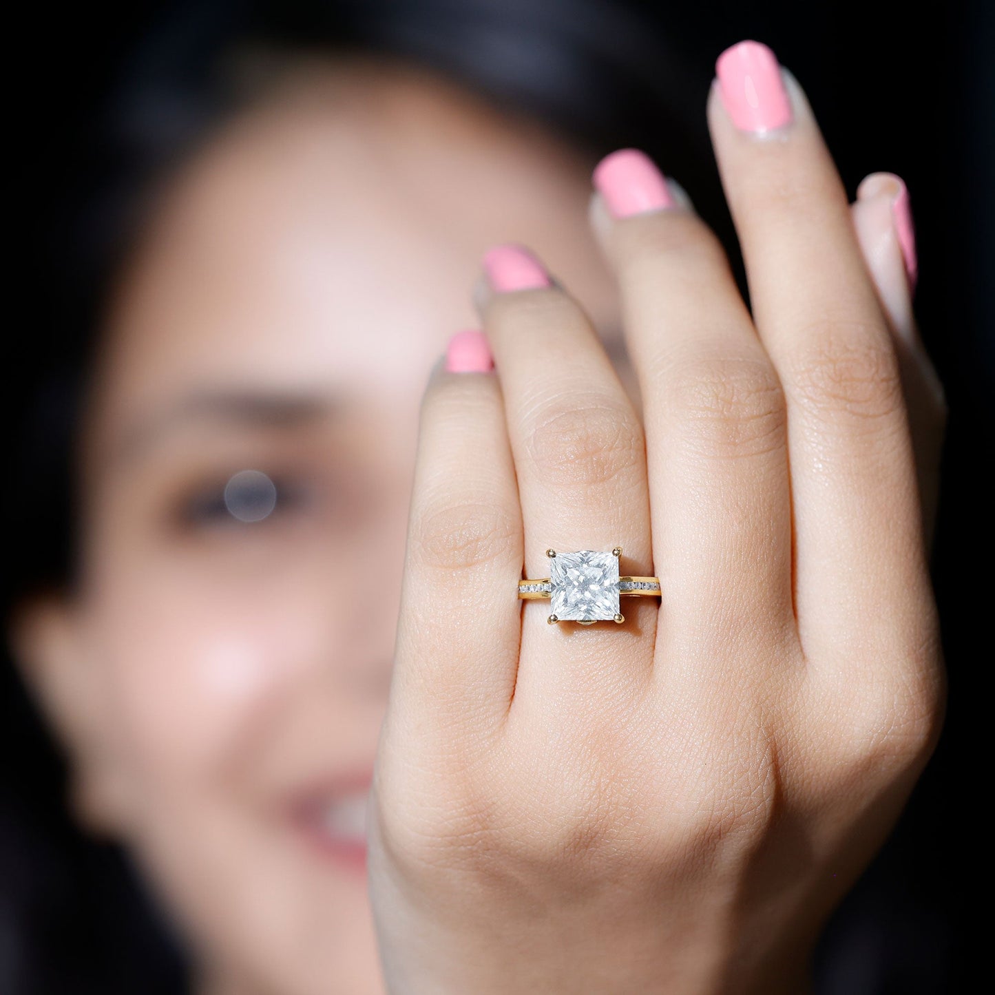 Solitaire Moissanite Princess Cut Engagement Ring with Side Stones