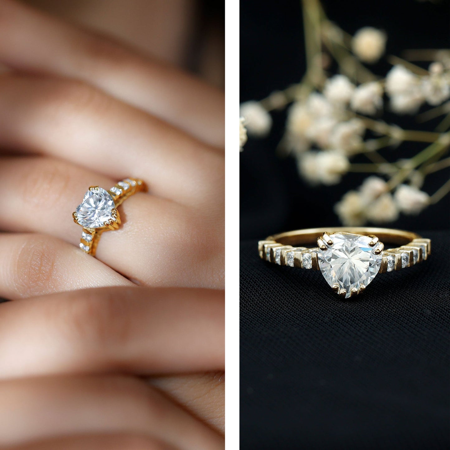 Certified 2 Carat Moissanite Heart Engagement Ring with Side Stones