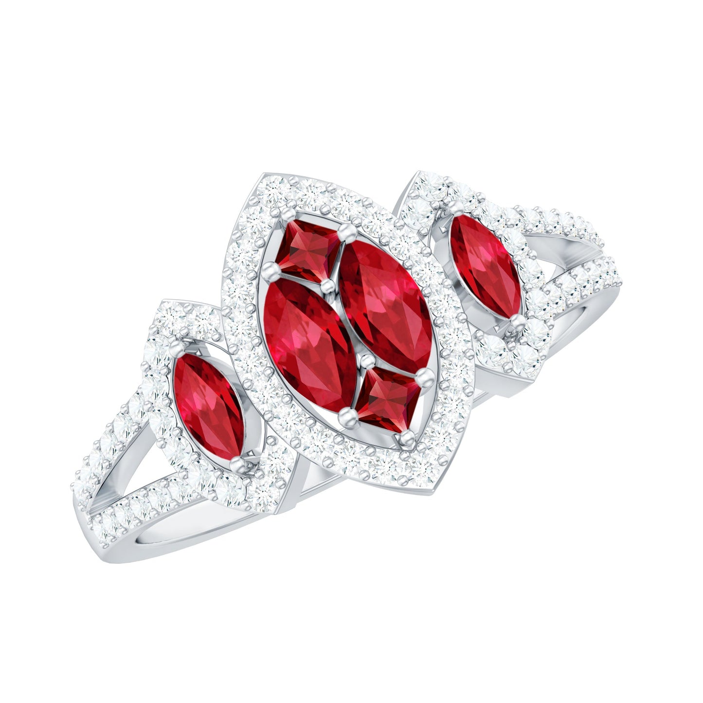 Certified Lab Created Ruby and Diamond Cluster Engagement Ring in Split Shank