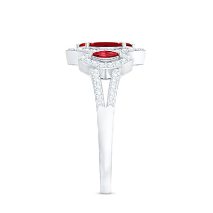 Certified Lab Created Ruby and Diamond Cluster Engagement Ring in Split Shank