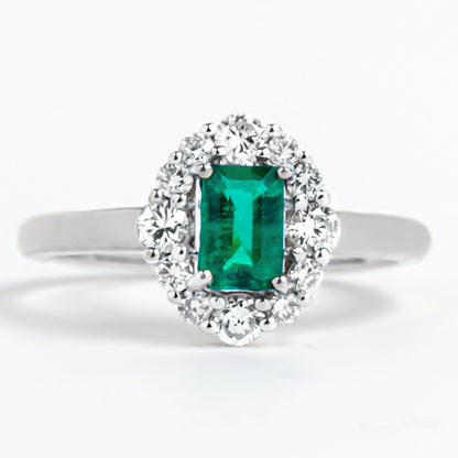 Classic Emerald Cut Emerald Engagement Ring with Diamond Halo