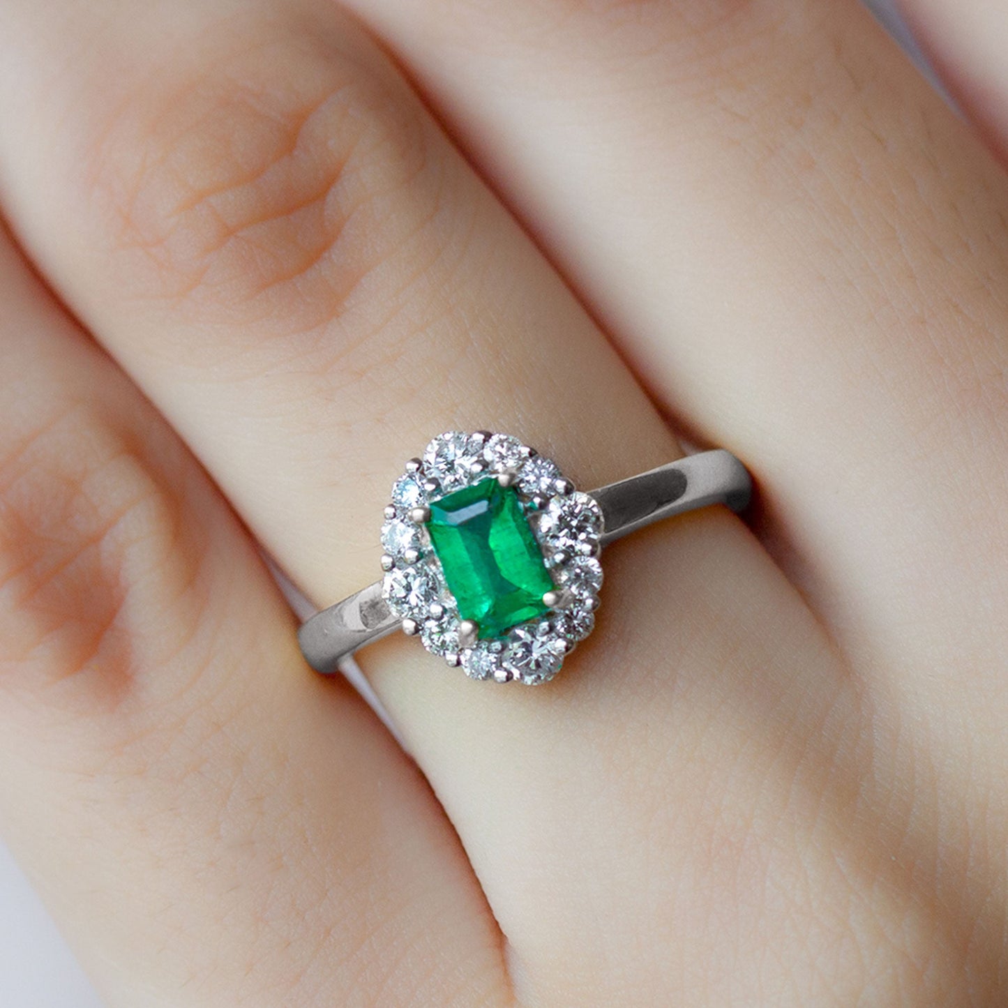 Classic Emerald Cut Emerald Engagement Ring with Diamond Halo