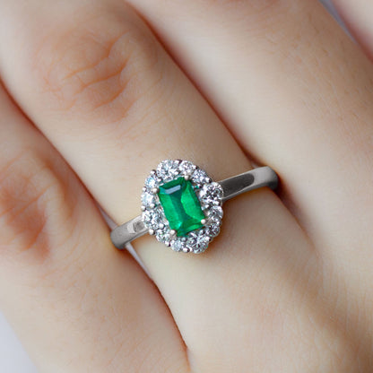 Classic Emerald Cut Emerald Engagement Ring with Diamond Halo