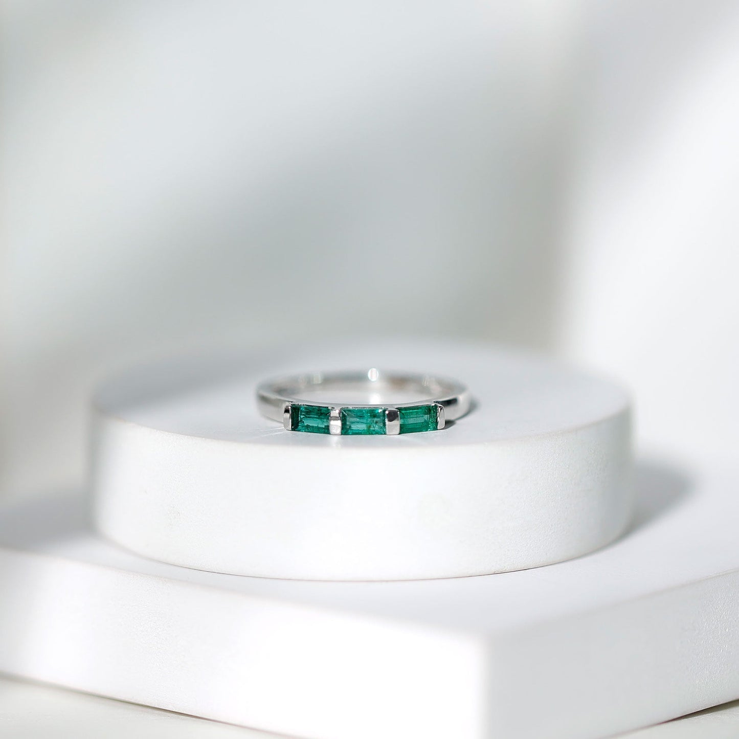 Baguette Cut Real Emerald 3 Stone Ring with Certificate