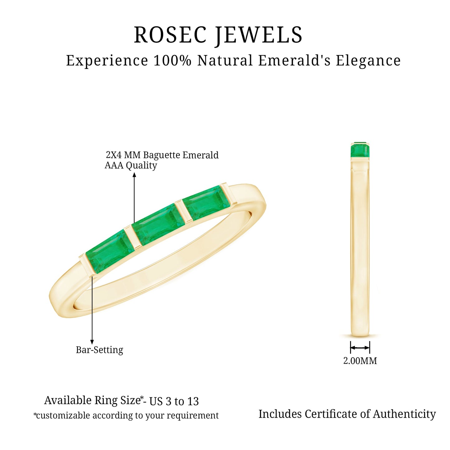 Baguette Cut Real Emerald 3 Stone Ring with Certificate