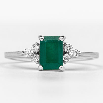 Octagon Cut Emerald Engagement Ring with Diamond Trio