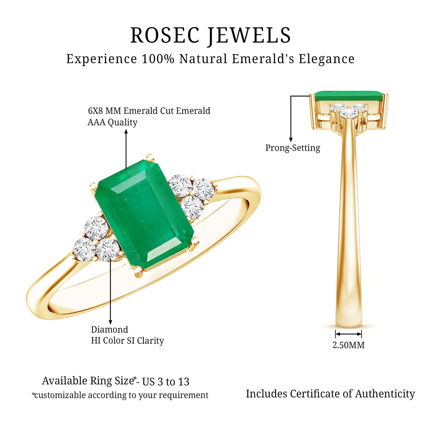 Octagon Cut Emerald Engagement Ring with Diamond Trio