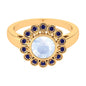 0.8 Carat Bezel Set Moonstone Vintage Inspired Engagement Ring with Blue Sapphire