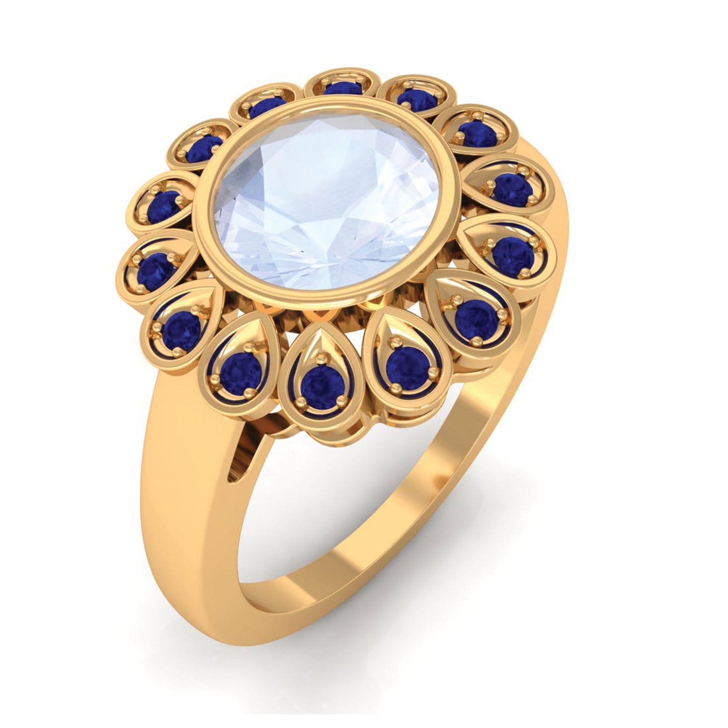 0.8 Carat Bezel Set Moonstone Vintage Inspired Engagement Ring with Blue Sapphire