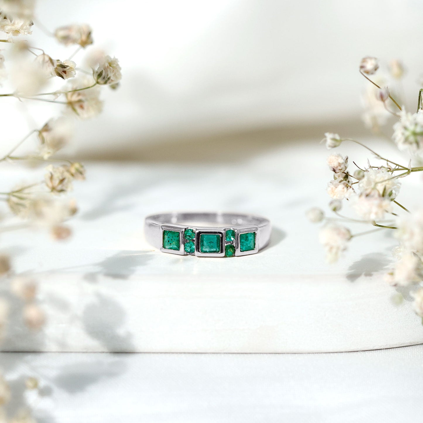 Natural Emerald Princess Cut Band Ring