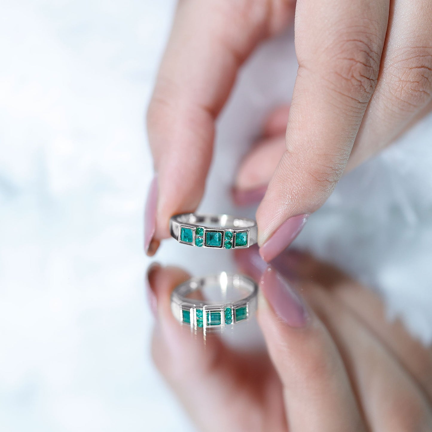 Natural Emerald Princess Cut Band Ring